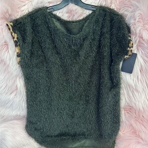 Fuzzy Green Top with Leopard Print Sleeves